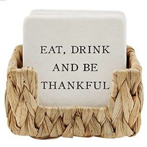 Mud Pie Thankful Limestone Coaster and Holder Set, White
